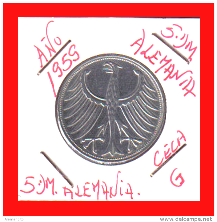 ALEMANIA R.F. MONEDA DE  5.00 DM -AÑO 1959-CECA-G - 5 Mark