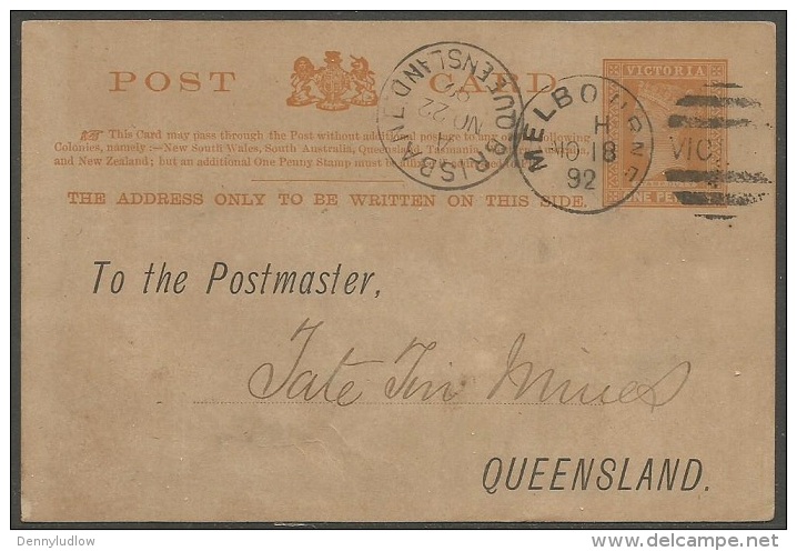 Victoria  1892 1p Victoria Post Card  Addressed Melbourne Cancel. - Covers & Documents