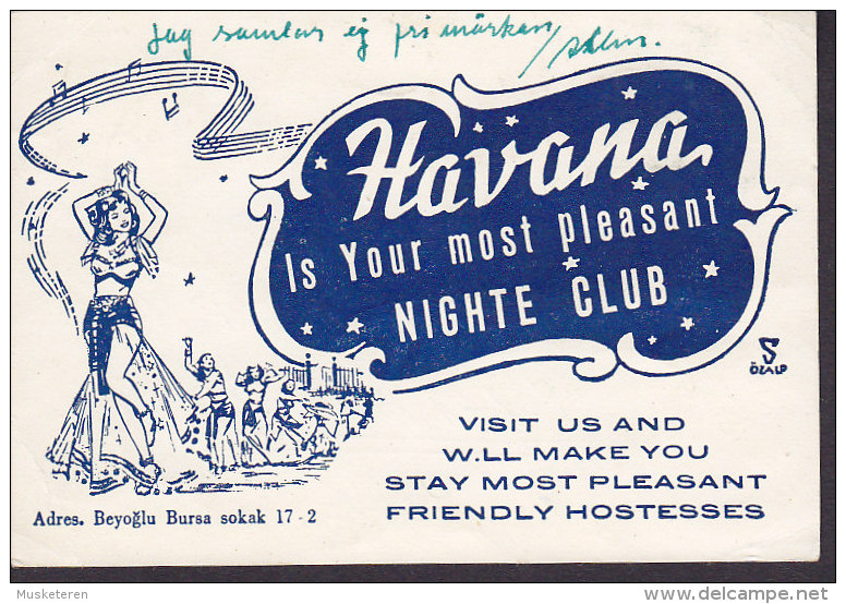 Turkey HAVANA NIGHT(e) CLUB Card 1954 YESILKÖY To Sweden Douglas DC 3 Aeroplane Flugzeug - Storia Postale