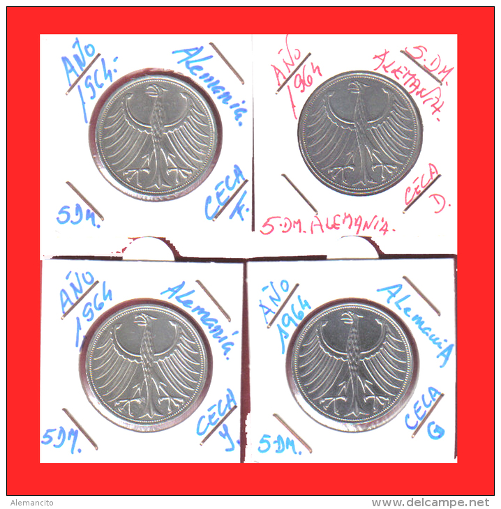 ALEMANIA R.F. MONEDAS DE 5.00 DM -AÑO 1964-CECAS.-  D-F-G-J - 5 Marcos