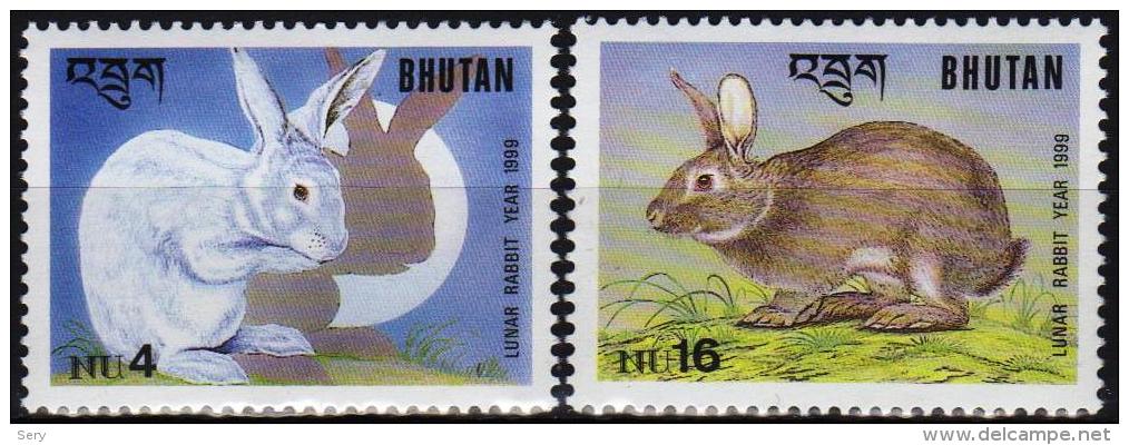Bhutan 1999 2 V MNH Lunar Year Rabbit Rabbits - Chinese New Year