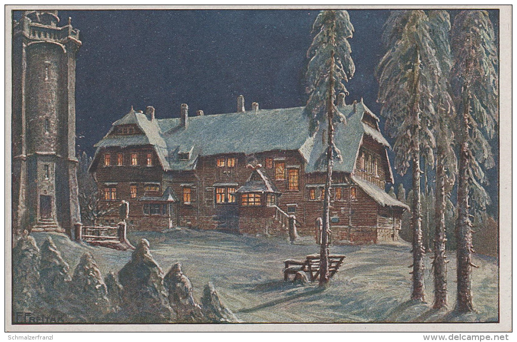 Litho Gemälde Winter AK Gruss Vom Auersberg Gasthaus Baude Alter Turm Bei Eibenstock Wildenthal Carlsfeld Erlabrunn Aue - Sosa