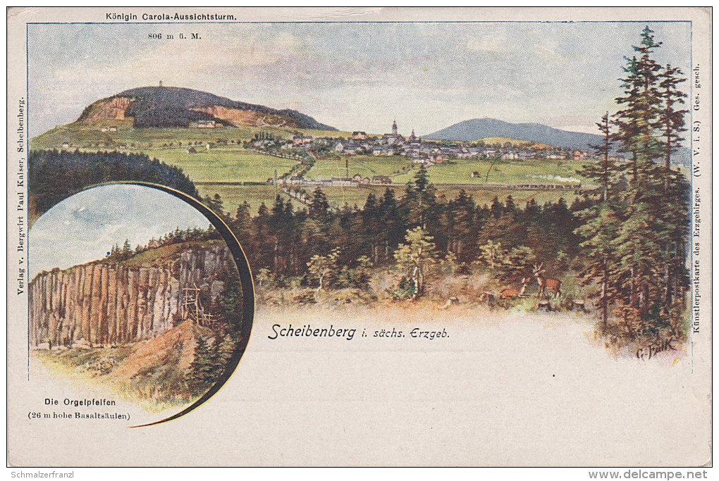 Litho AK Scheibenberg Erzgebirge Königin Carola Aussichtsturm Orgelpfeifen Eisenbahn Strecke Bei Annaberg Schlettau - Scheibenberg