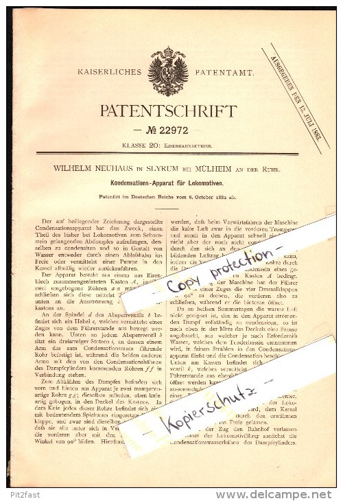 Original Patent - Wilhelm Neuhaus In Styrum B. Mülheim A.d. Ruhr , 1882 , Kondensations-Apparat Für Lokomotiven !!! - Muelheim A. D. Ruhr