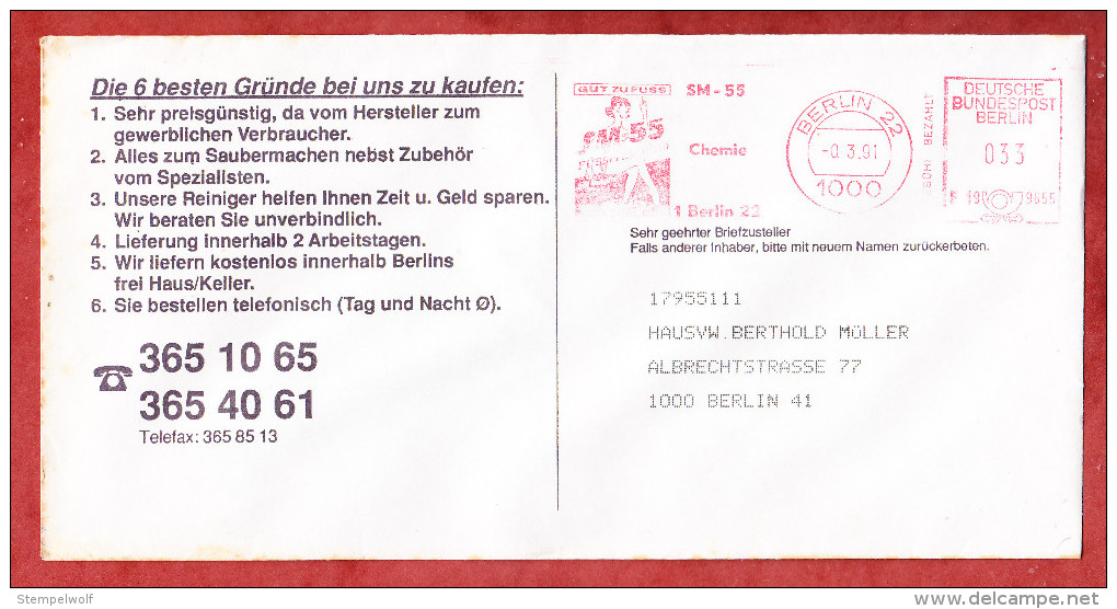 Infopost, Francotyp-Postalia F19-9655, Gut Zu Fuss SM-55 Chemie, 33 Pfg, Berlin 1991 (74299) - Lettres & Documents