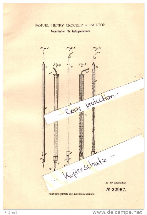 Original Patent - Samuel Henry Crocker In Railton , 1882 , Federhalter Mit Ätzgrundtinte , Füllfederhalter !!! - Schreibgerät