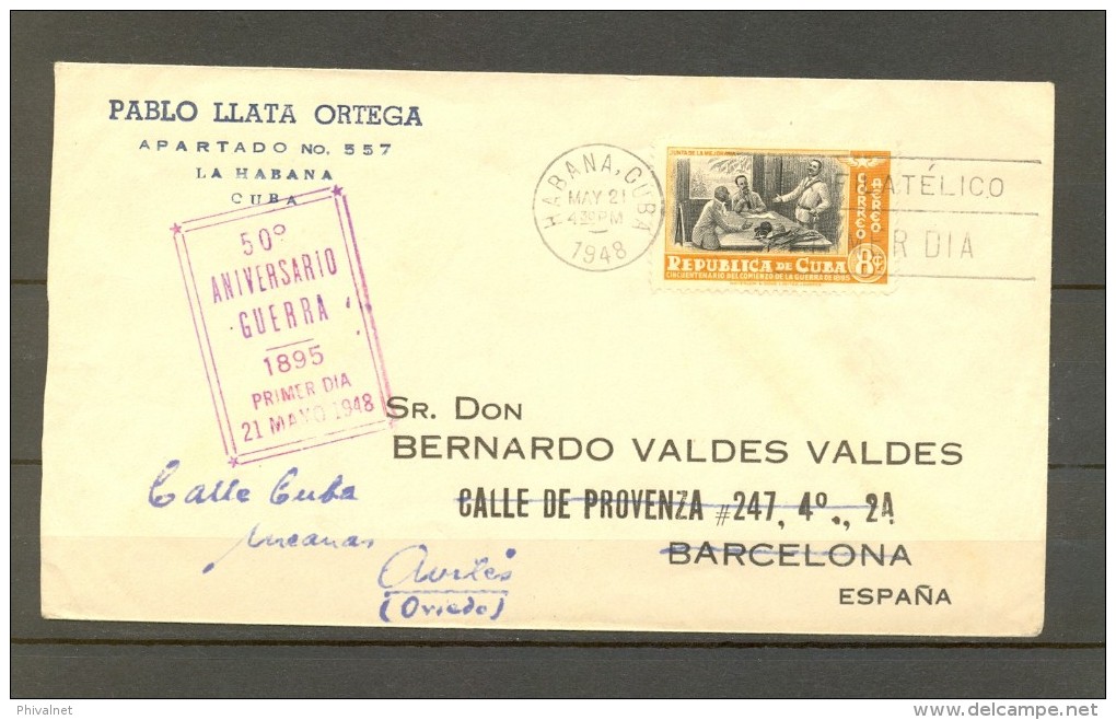 1948 CUBA, SOBRE PRIMER DIA, FDC, 50 ANIV. GUERRA 1895, CIRCULADO - FDC