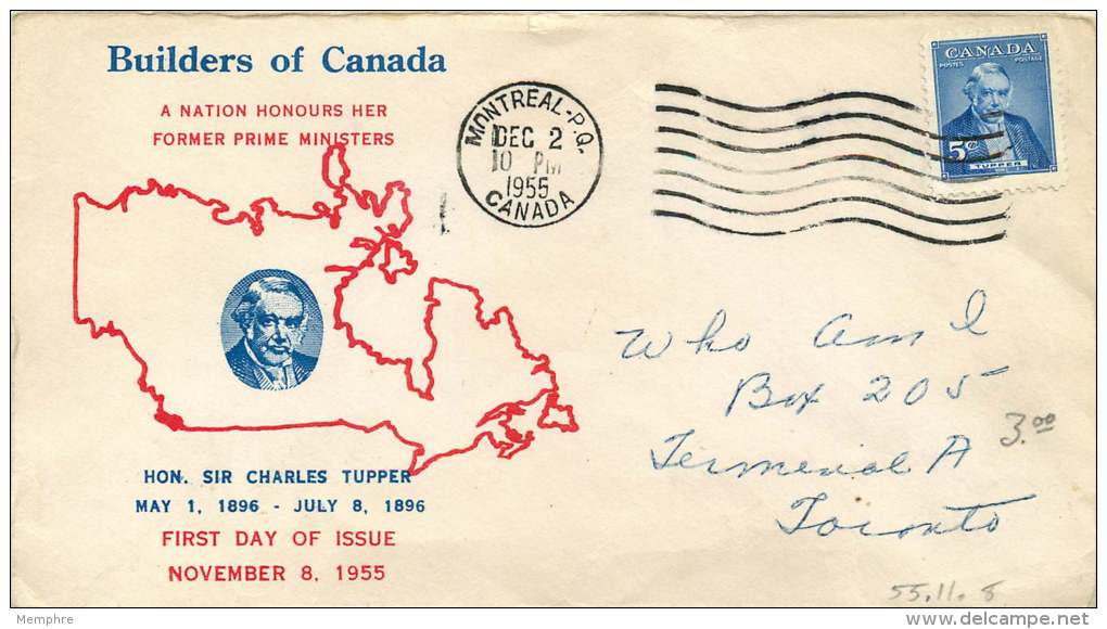 1955  Sir Charles Tupper Former Prime Minister  Sc 358  Unknown Cachet - 1952-1960