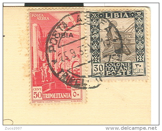 LIBIA, Cent.50+30, IN TARIFFA CARTOLINA VIA AEREA VIAGGIATA  1937, TRIPOLI-MILANO - Libya