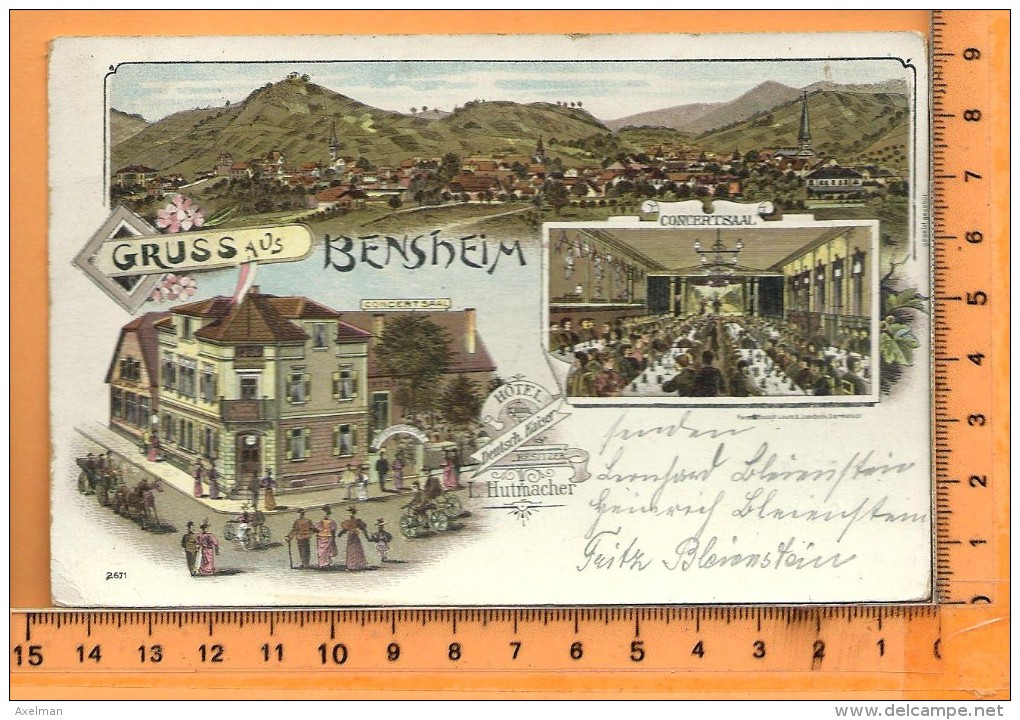 BENSHEIM: Gruss Aus Bensheim, Litographie Multi Vues, Hotel Zum Deutsch. Kaiser , L. Hutmacher  Besitzer - Bensheim