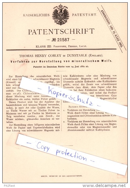 Original Patent - T. Henry Cobley In Dunstable , England , 1882 , Herstellung Von Mineralischem Weiß !!! - Autres & Non Classés