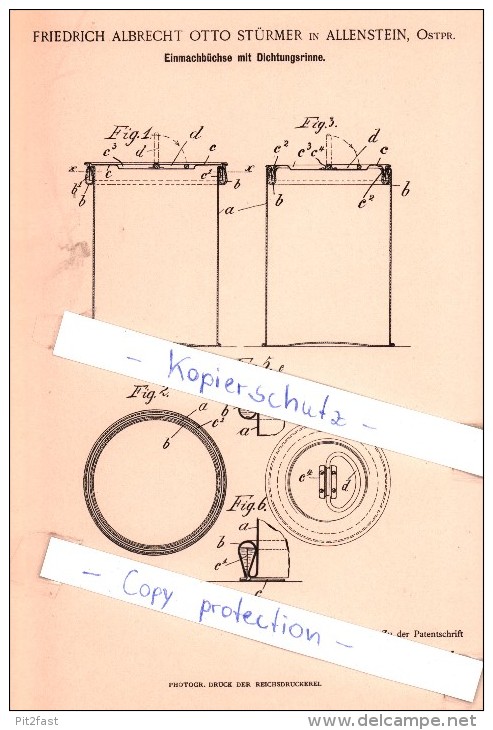 Original Patent - F. A. O. Stürmer In Allenstein , Ostpr. , 1896 , Einmachbüchse Mit Dichtungsrinne !!! - Ostpreussen