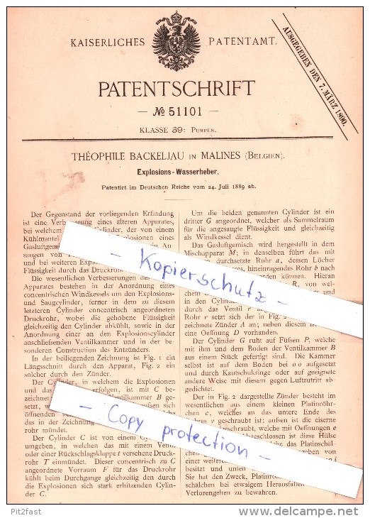 Original Patent - Theophile Backeljau In Malines / Mechelen , 1889 , Explosions-Wasserheber !!! - Mechelen