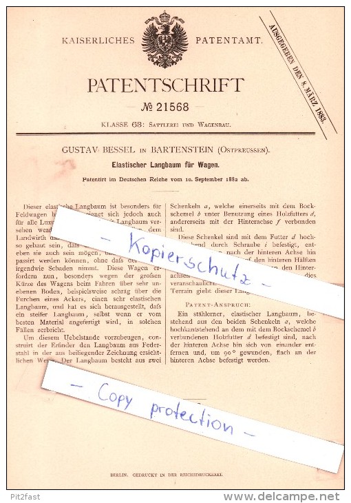 Original Patent - Gustav Bessel In Bartenstein / Bartoszyce , Ostpreussen , 1882 , Langbaum Für Wagen  !!! - Ostpreussen