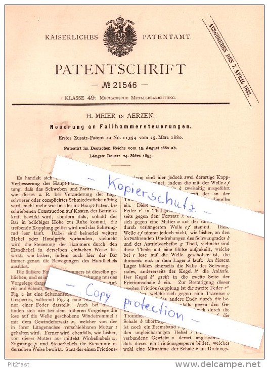 Original Patent - H. Meier In Aerzen , 1882 , Fallhammersteuerung , Hameln-Pyrmont !!! - Sonstige & Ohne Zuordnung