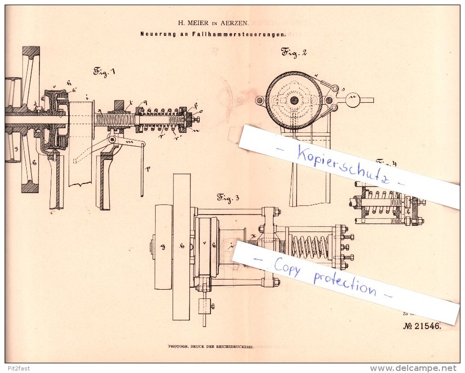 Original Patent - H. Meier In Aerzen , 1882 , Fallhammersteuerung , Hameln-Pyrmont !!! - Sonstige & Ohne Zuordnung
