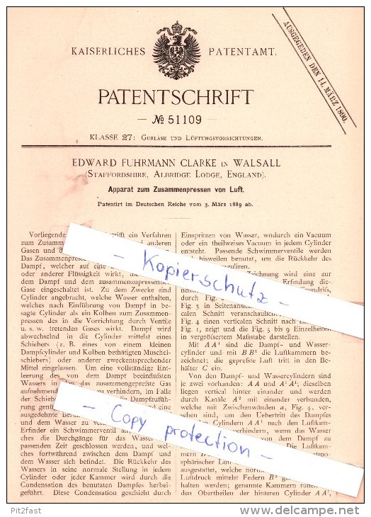 Original Patent - E. Fuhrmann Clarke In Walsall , Staffordshire , Albridge Lodge , England , 1889 , !!! - Sonstige & Ohne Zuordnung