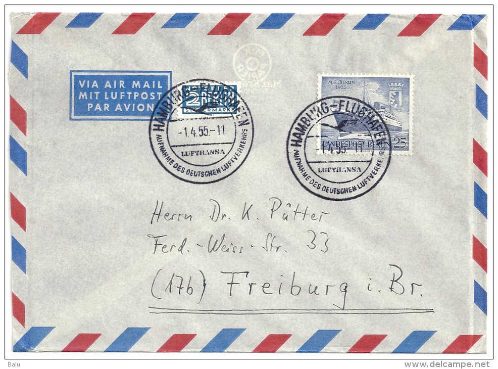 Deutschland Berlin Michel 126 Mit Sonderstempel 1.4.1955 Hamburg-Flughafen Aufnahme Des Deutschen Luftverkehrs Lufthansa - Lettres & Documents