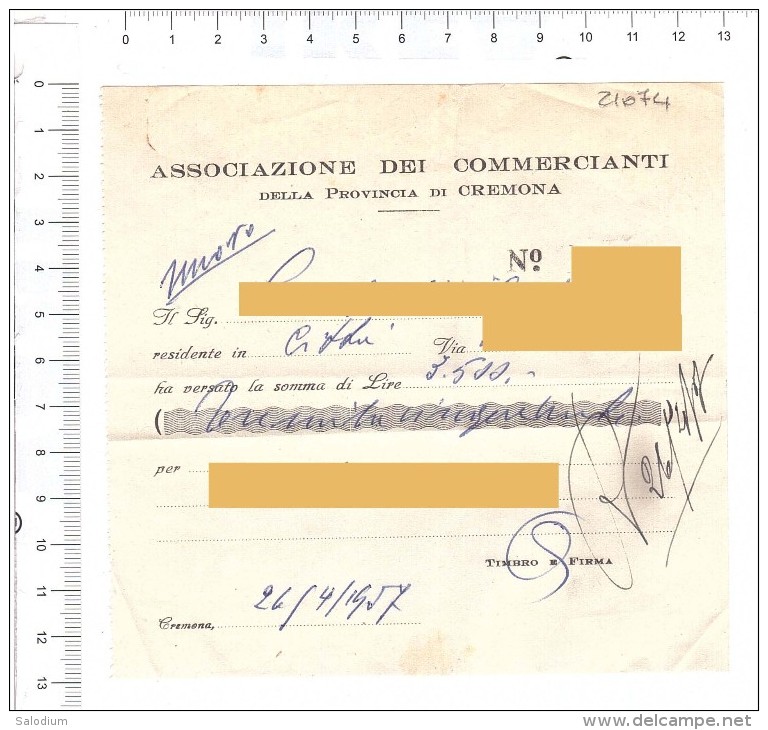 CREMONA 1957 - Associazione Dei Commercianti - Ricevuta - Altri & Non Classificati