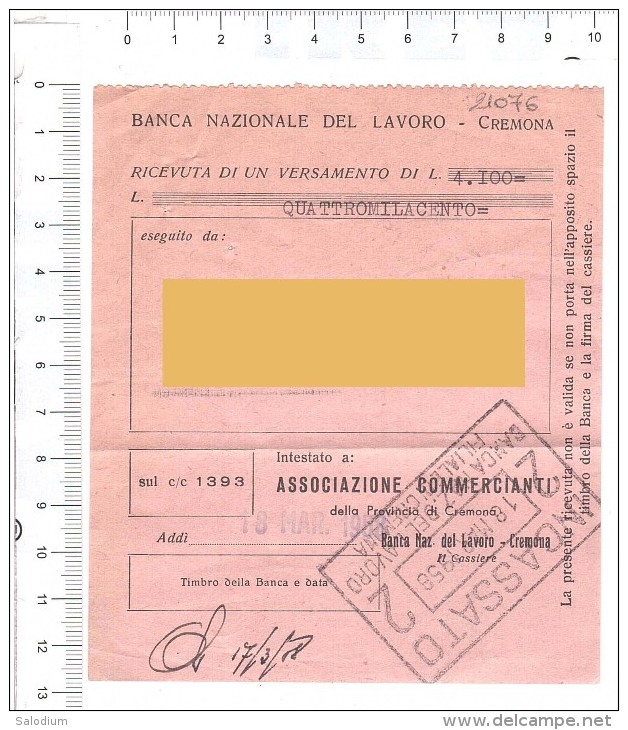 CREMONA 1958 - BANCA NAZIONALE DEL LAVORO - Ricevuta - Altri & Non Classificati