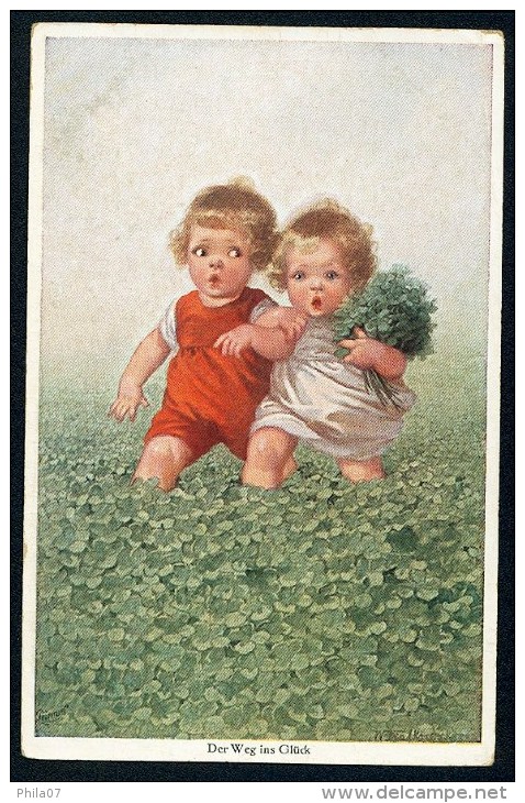 Fialkowska, W. - Der Weg Ins Gluck - Girl, Boy, Meadow, Clover ----- Postcard Not Traveled - Fialkowska, Wally