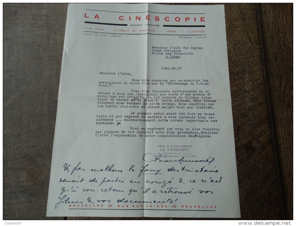 Facture Du 27/04/1942 "LA CINESCOPIE"de Bruxelles à L'abbé Van ZUELEN - 1900 – 1949