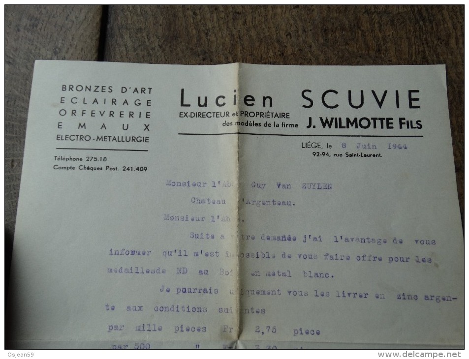 Lucien SCUVIE(Bronzes D'art,orfevrerie,emaux) Remise D'offre Du 08/06/1944 - 1900 – 1949