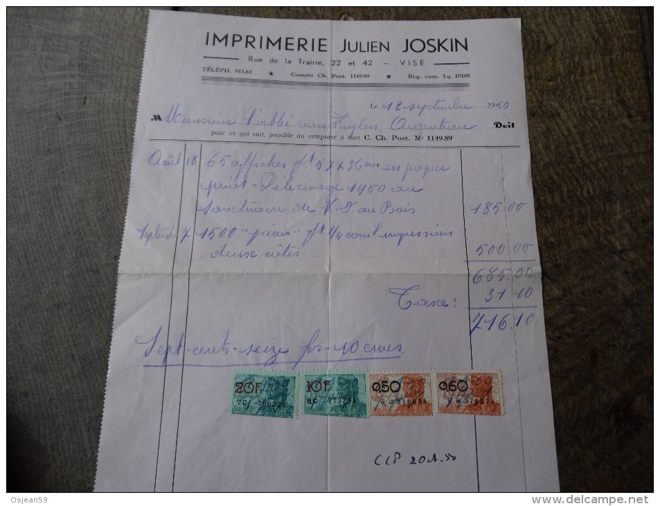 Facture Du 12/09/1950 De L'imprimerie Julien Joskin De Visé - Printing & Stationeries