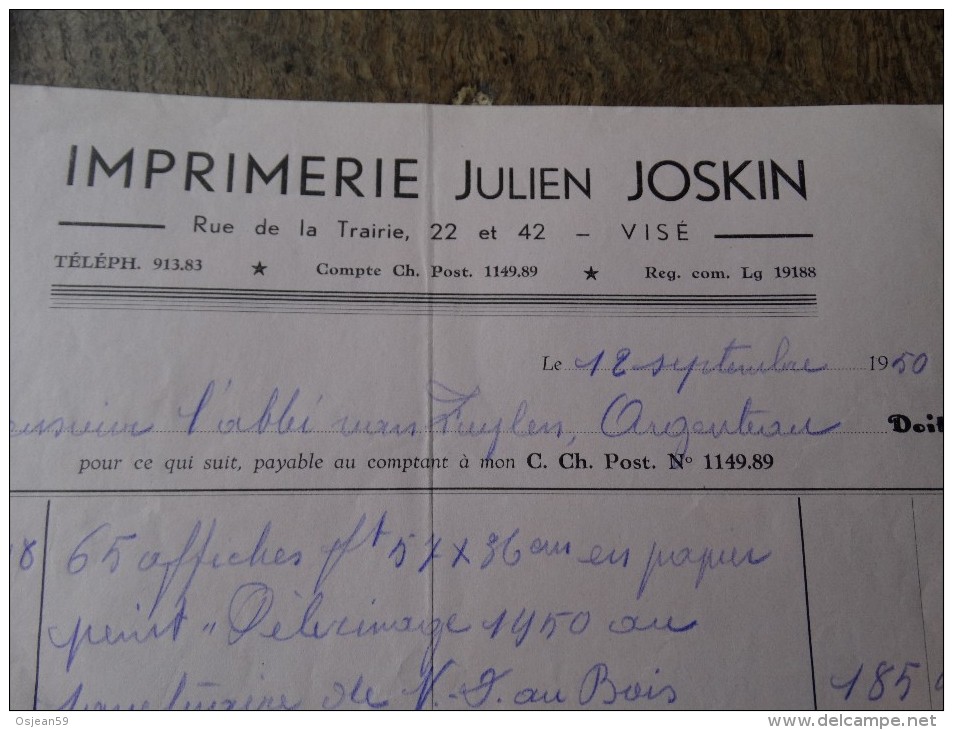 Facture Du 12/09/1950 De L'imprimerie Julien Joskin De Visé - Imprenta & Papelería