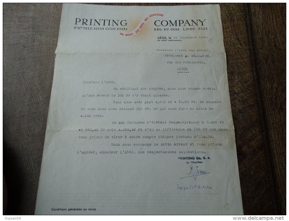 Correctif D'une Facture De La Firme 'PRINTING COMPANY" Du 20/09/1945 - Druck & Papierwaren