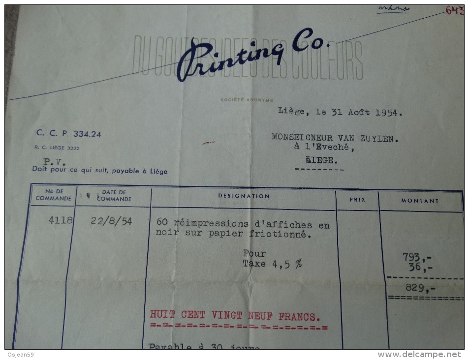 Facture Du 31/08/1954 De La Firme"PRINTING COMPANY) De Liege - Imprimerie & Papeterie