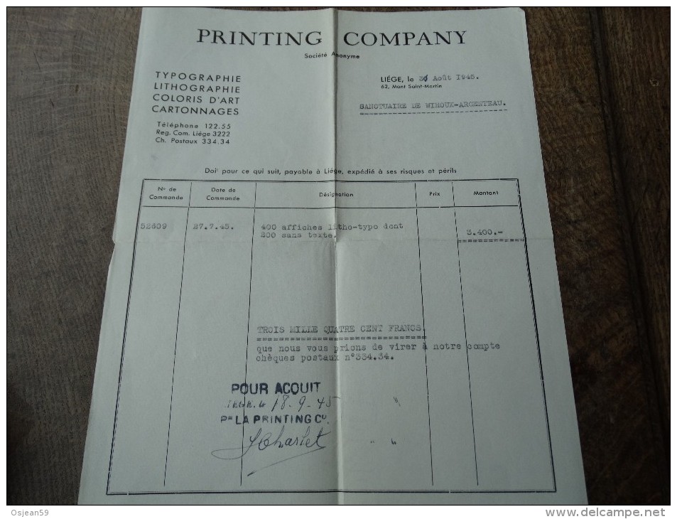 Facture Du 21/08/1945 De La Firme"PRINTING COMPANY) De Liege - Druck & Papierwaren