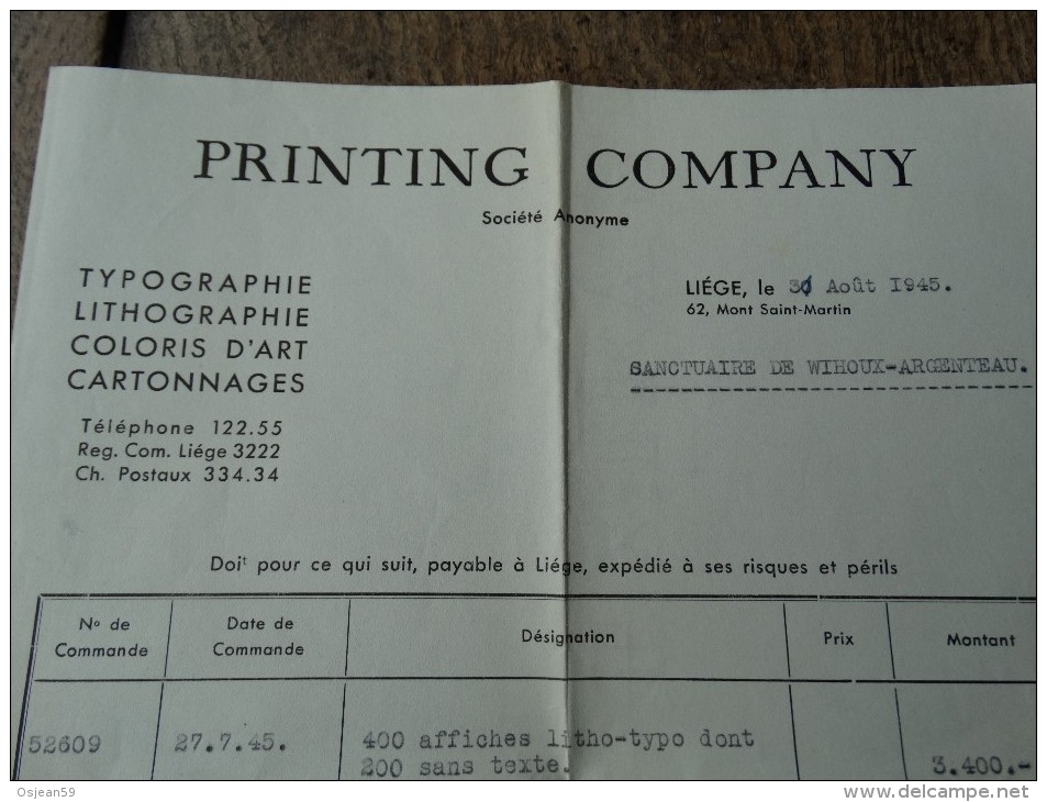 Facture Du 21/08/1945 De La Firme"PRINTING COMPANY) De Liege - Druck & Papierwaren