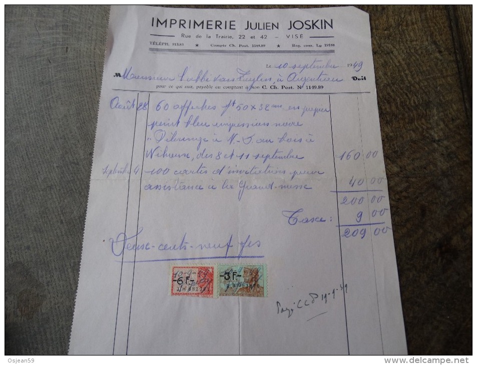 Facture Du 10/09/1949 De L'imprimerie Joskin De Visé - Imprimerie & Papeterie