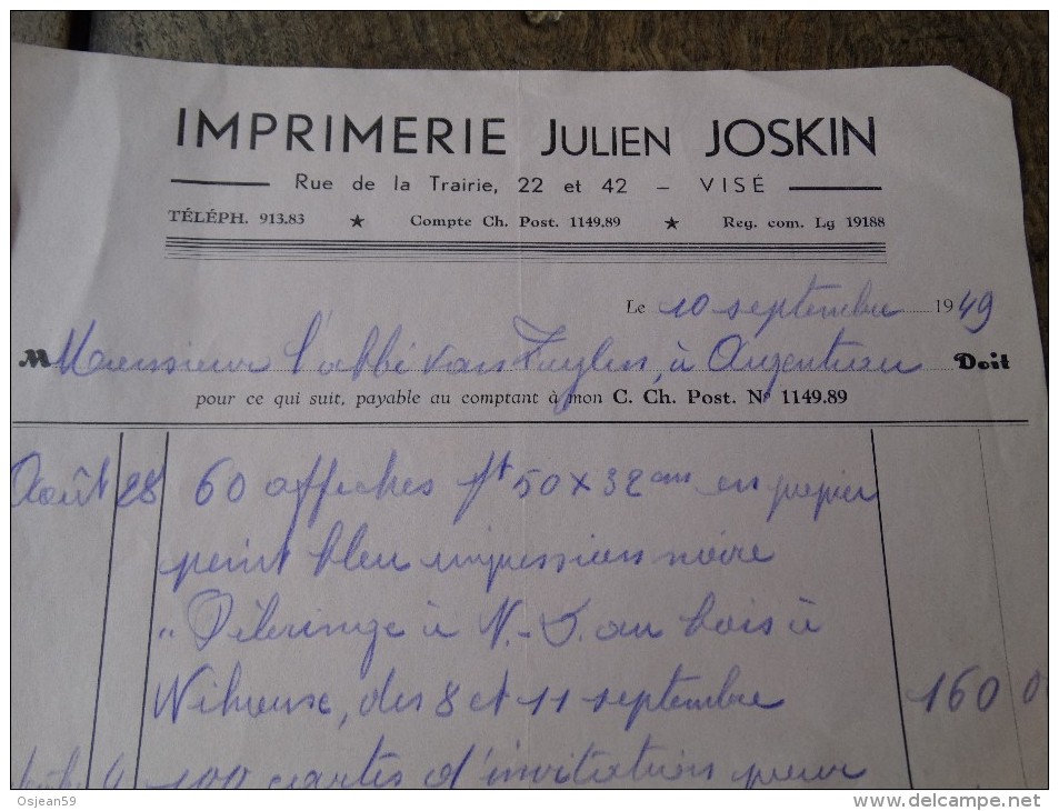 Facture Du 10/09/1949 De L'imprimerie Joskin De Visé - Druck & Papierwaren