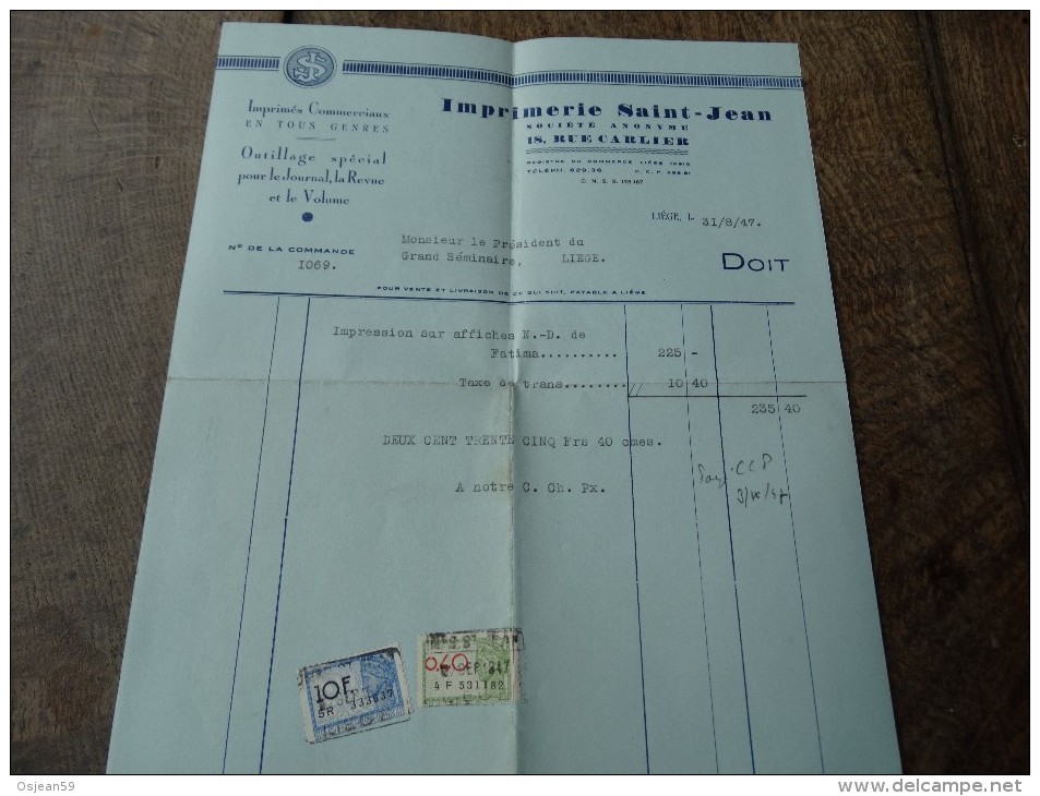 Facture Du 31/08/1947 De L'imprimerie Saint-Jean De Liège - Printing & Stationeries