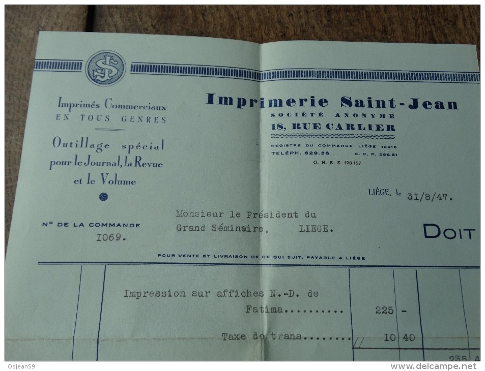 Facture Du 31/08/1947 De L'imprimerie Saint-Jean De Liège - Imprimerie & Papeterie