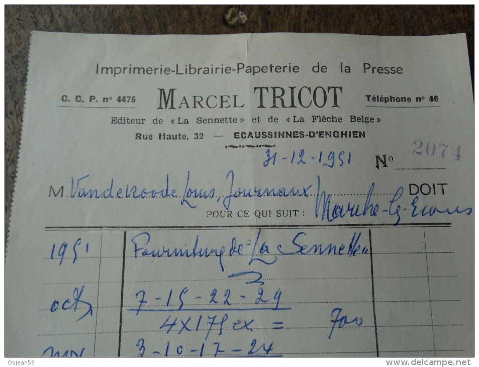 Facture Du 31/12/1951 De L'imprimerie MARCEL TRICOT D'ECAUSSINES-D'ENGHIEN - Imprenta & Papelería