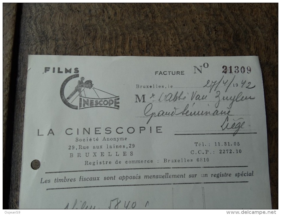 Facture Du 27/04/1942 De La Firme "LA CINESCOPIE"  De Bruxelles - 1900 – 1949
