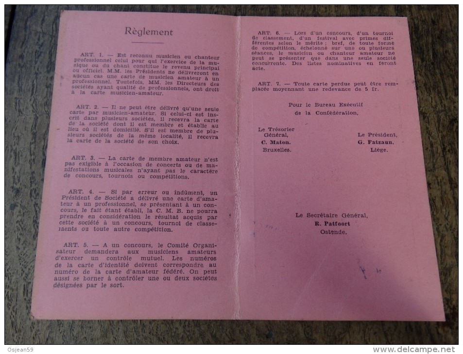 Carte De Choriste(confédération Musicale De Belgique) De La Société Harmonie Royale De Couvin -1950 - Autres & Non Classés