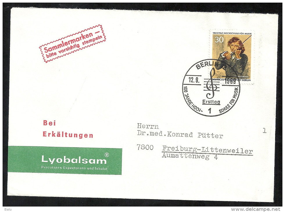 Deutschland Berlin FDC Michel 347 12.9.1969 100 Jahre Hochschule Für Musik Ersttagssonderstempel. Yv 322 - Sonstige & Ohne Zuordnung