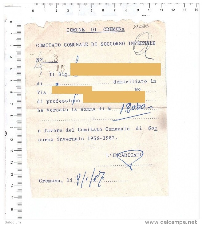 1957 - CREMONA - Comitato Comunale Soccorso Invernale - Ricevuta - Altri & Non Classificati