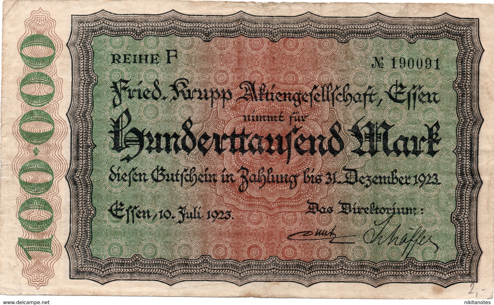 1923 Germany 100000 Mark Note German Repubblica Di Weimar See Scan - Collezioni