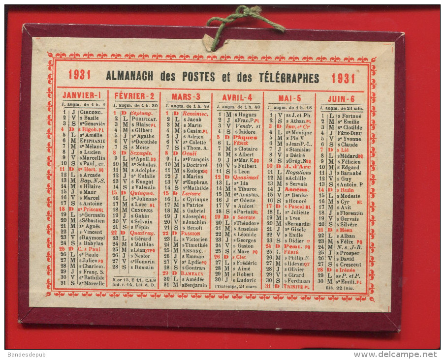 ALMANACH DES POSTES 1931 PETIT CALENDRIER CARTON EN BEL ETAT RECTO VERSO - Small : 1921-40