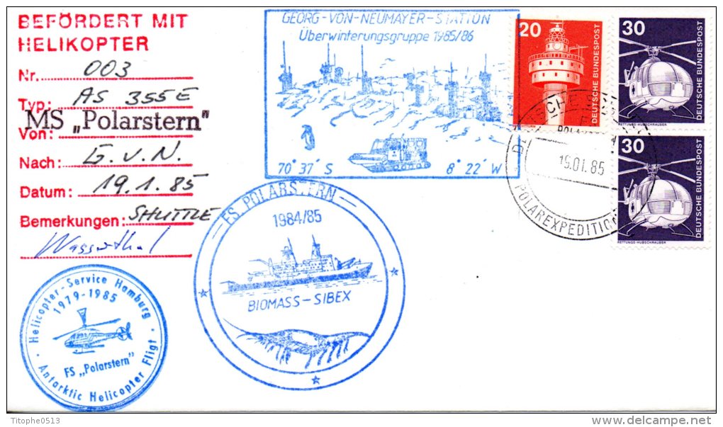 ALLEMAGNE. Belle Enveloppe Polaire De 1985. Antarctic Helicopter Flight/Polarstern/Georg Von Neumayer Station. - Autres Modes De Transport