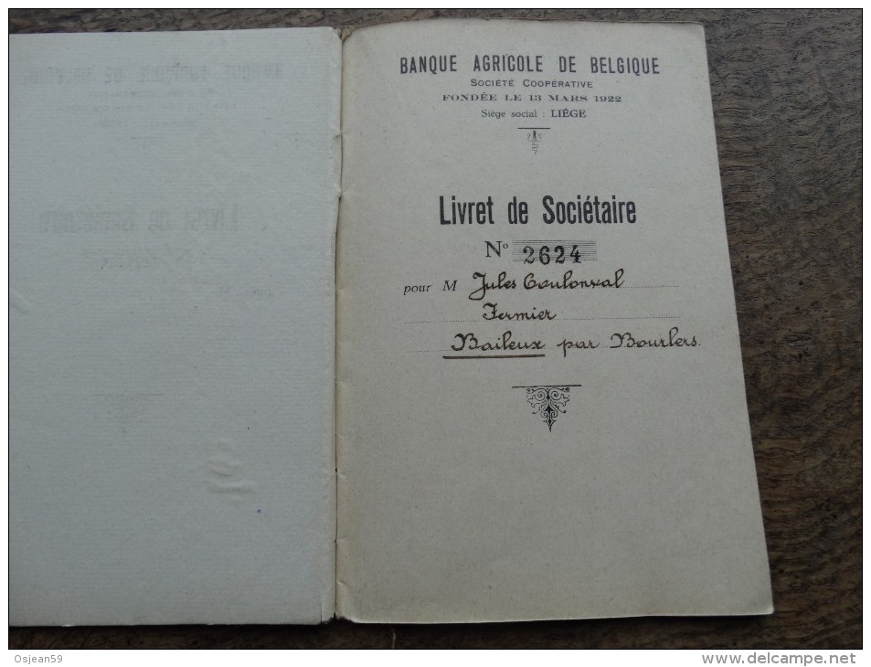 Livret De Sociétaire De La Banque Agricole De Belgique-titulaire-Jules Coulonval à Baileux En 1922 - Banco & Caja De Ahorros