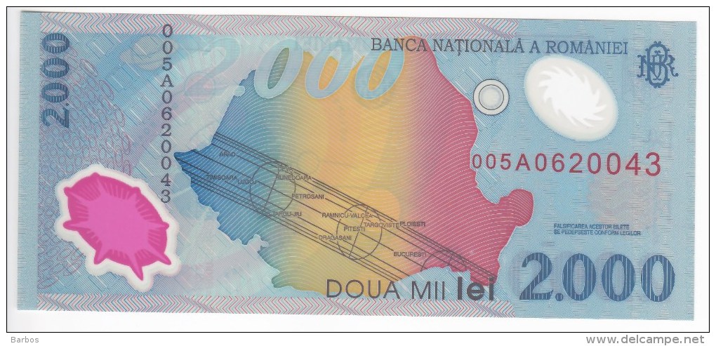 ROMANIA  - 1999  - 2000 LEI - PREFIX 009E - POLYMER ECLIPSE - UNC , Bancnote   ;  UNC - Roemenië