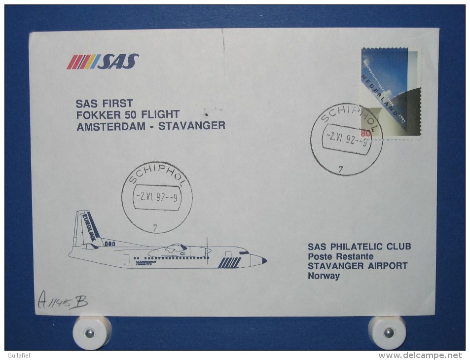 FFC First Flight 291 Amsterdam - Stavanger Noorwegen 1992 - A1145B (nr.Cat DVH) - Briefe U. Dokumente