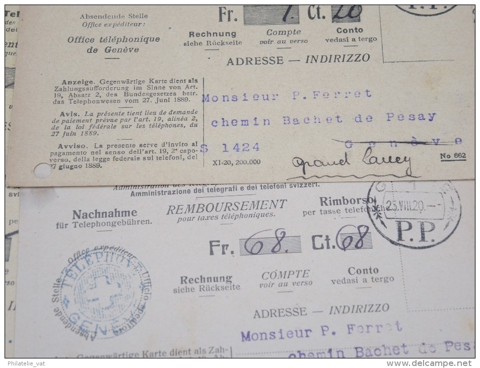 SUISSE- LOT DE 12 CARTES  DE REMBOURSEMENT TELEPHONIQUES  P.P. GENEVE  MEME ARCHIVE  1921  A ETUDIER - Telegrafo