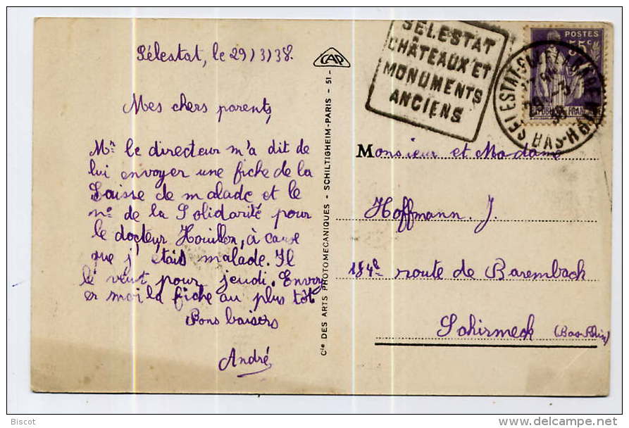 Cartepostale Flamme Daguin? Sélestat Châteaux Et Monuments Anciens 1938 - 1921-1960: Periodo Moderno